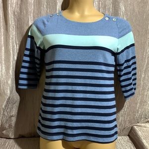 Croft & Barrow Knit Top Blouse M Navy Blue Stripes Stretchy Pullover 3/4 Sleeve